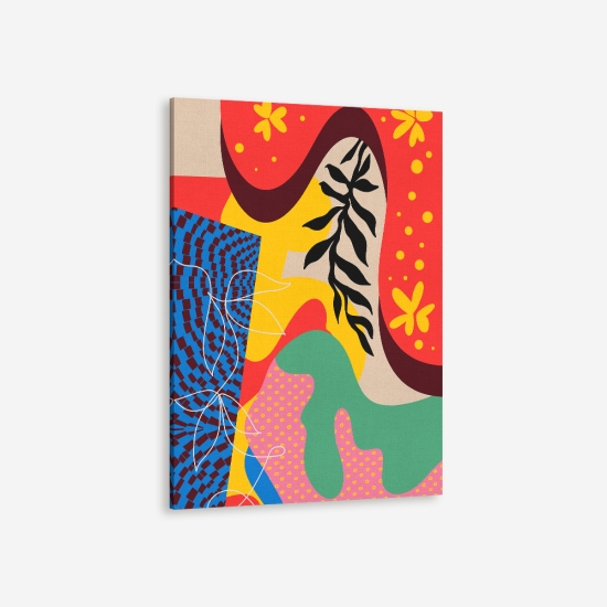 Poster abstrato de uma composição vibrante e colorida com várias formas e padrões, como linhas fluidas, pontos, flores e folhas. A paleta de cores inclui tons de vermelho, azul, amarelo, verde e bege, criando um efeito visual dinâmico. 5