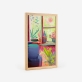 Poster vibrante de uma vista através de uma janela com vasos de plantas num peitoril e um cadeirão em primeiro plano. 4