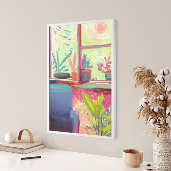 Poster vibrante de uma vista através de uma janela com vasos de plantas num peitoril e um cadeirão em primeiro plano. 1