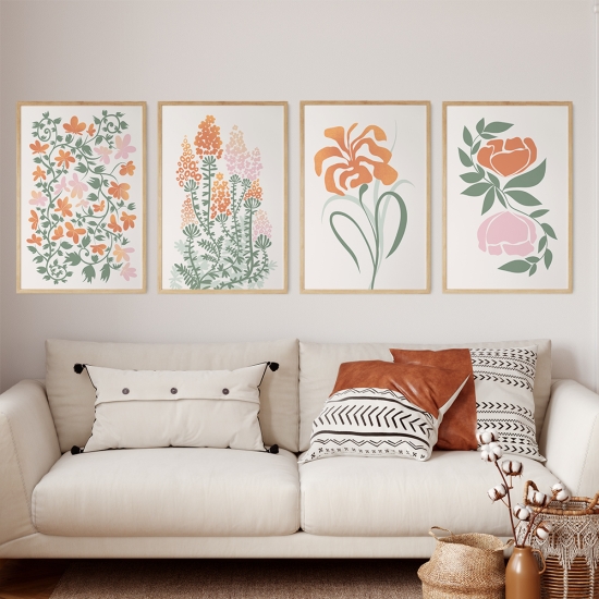 Poster de um padrão com elementos florais estilizados, incluindo várias flores e folhas conectadas por vinhas. 2