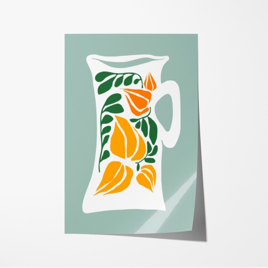 Poster de uma jarra branca com um padrão floral laranja e verde, em contraste com um fundo verde claro. 6