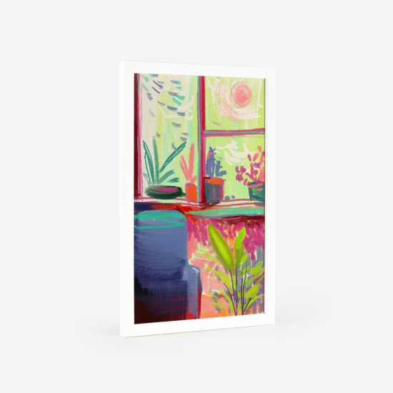 Poster vibrante de uma vista através de uma janela com vasos de plantas num peitoril e um cadeirão em primeiro plano. 5
