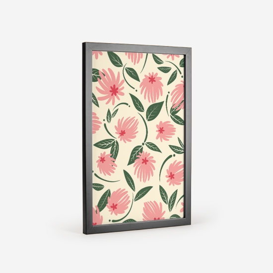 Poster de um padrão com flores estilizadas em tons de rosa, com centros mais escuros e folhas verdes, sobre um fundo bege claro. 2