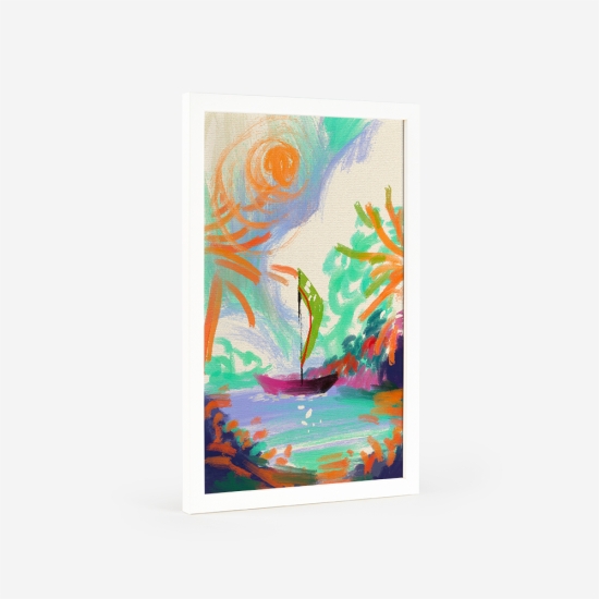 Poster vibrante de uma paisagem que tem como foco central uma paisagem com vários elementos, incluindo um barco. 5