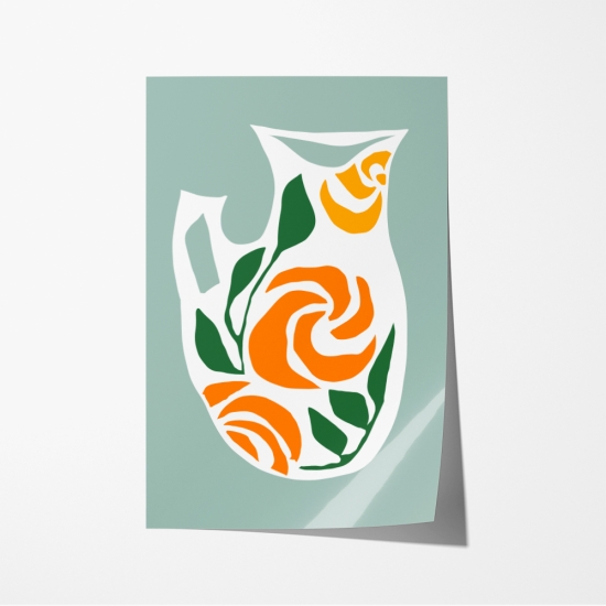 Poster de uma jarra branca com um padrão floral laranja e verde, em contraste com um fundo verde claro. 6