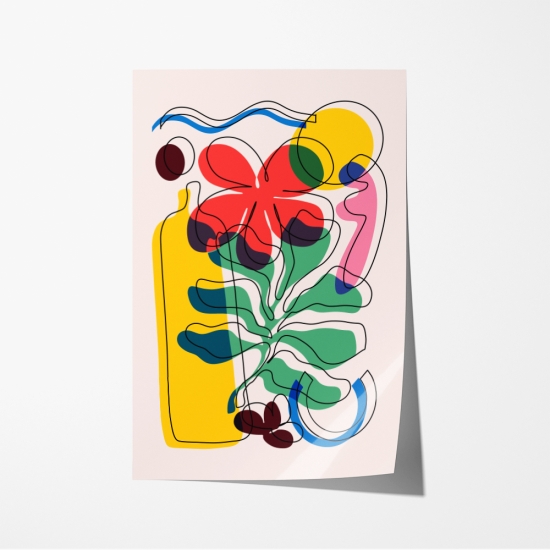 Poster abstrato de uma composição vibrante e lúdica com uma variedade de formas e linhas em cores como amarelo, vermelho, verde, azul e rosa sobre um fundo claro. 6